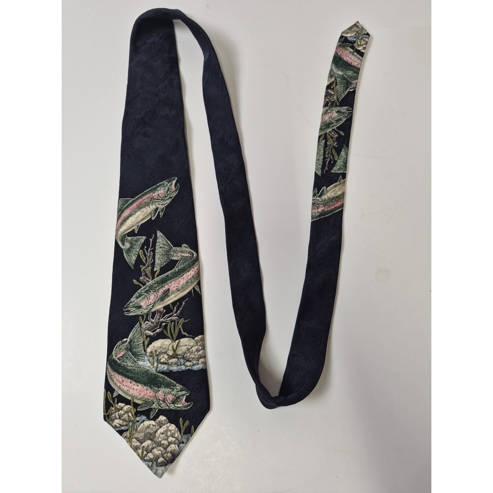 Vtg 90s Endangered Species 100% Silk Tie Rainbow Trout Fish Made in the USA 1999